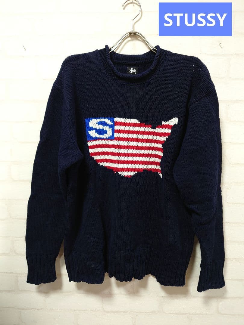 STUSSY ステューシー アメリカ国旗 星条旗コットンニット ネイビー L
