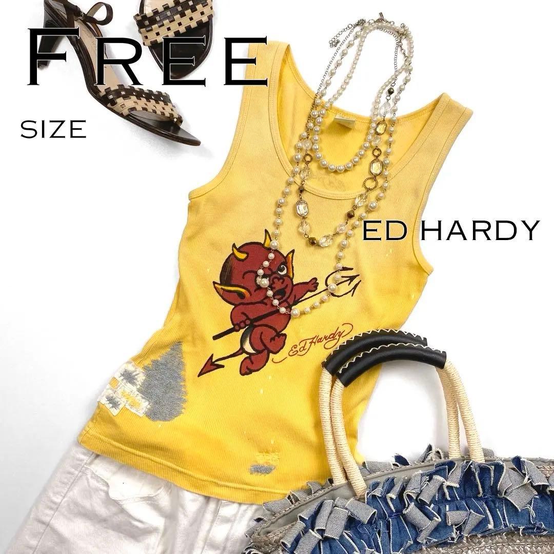 【美品】ED HARDYエドハーディ ベイビーデビル ダメージドタンクトップ黄色