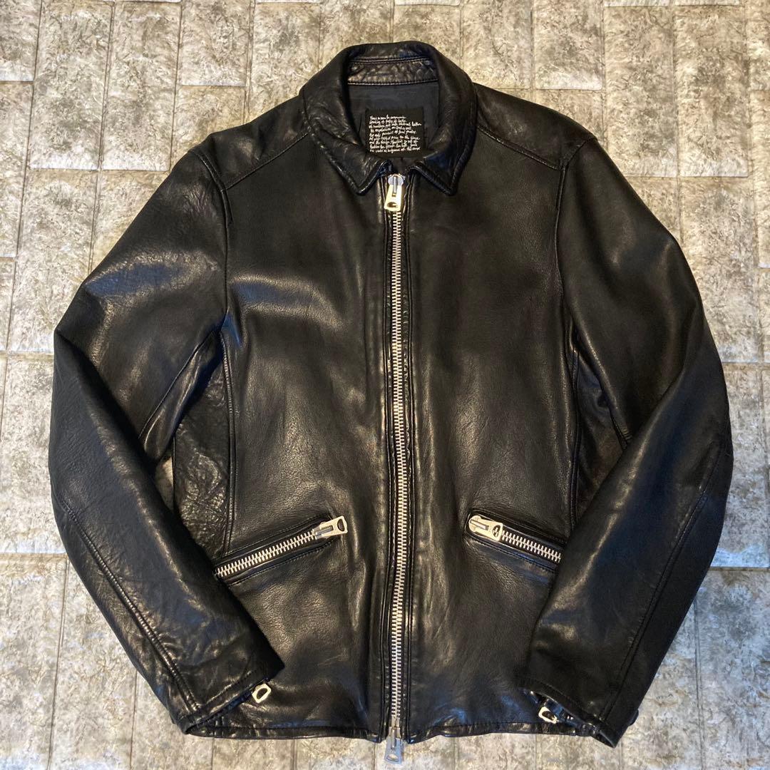 ナノユニバース レザージャケット ライダース 羊革 黒 襟 シングル
