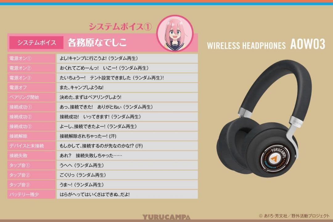 ワイヤレスヘッドホン 「ゆるキャン△」コラボ （各務原なでしこ）システムボイス